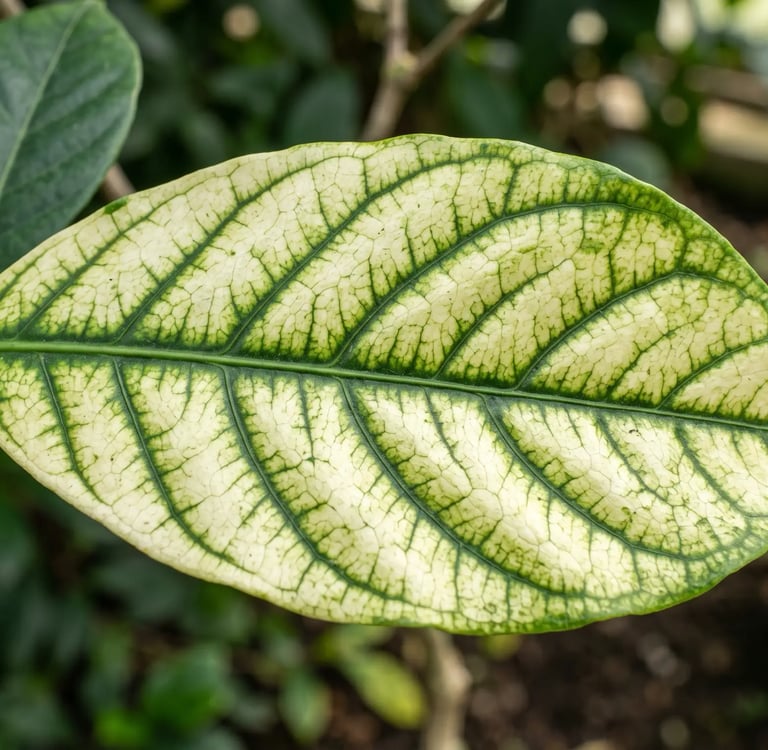 Hoja de planta pálida con venas verdes oscuras, síntoma de clorosis por falta de hierro o magnesio.