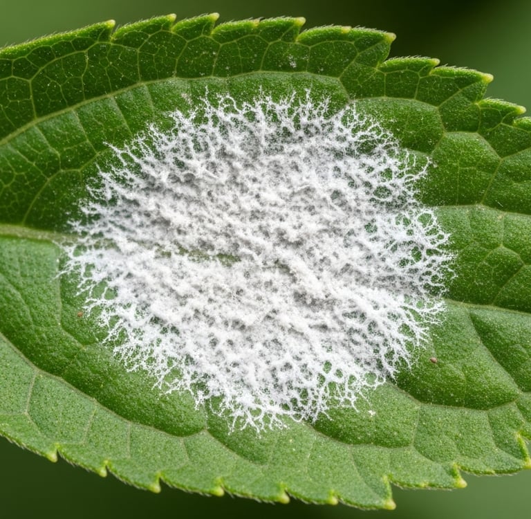 Hoja de planta verde afectada por Oídio, mostrando su característico polvo blanco y harinoso