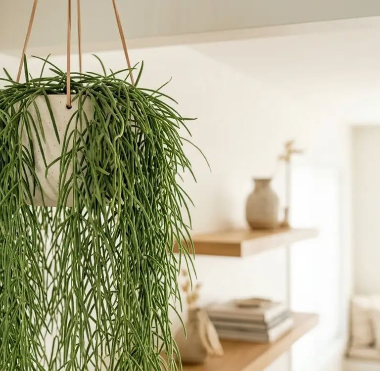 Hoya linearis colgando como una cortina verde de hojas largas y finas