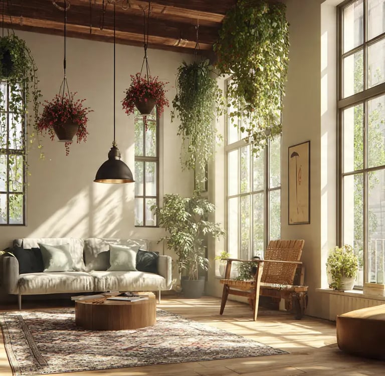 Salón moderno decorado con varias plantas colgantes exóticas y coloridas en maceteros suspendidos