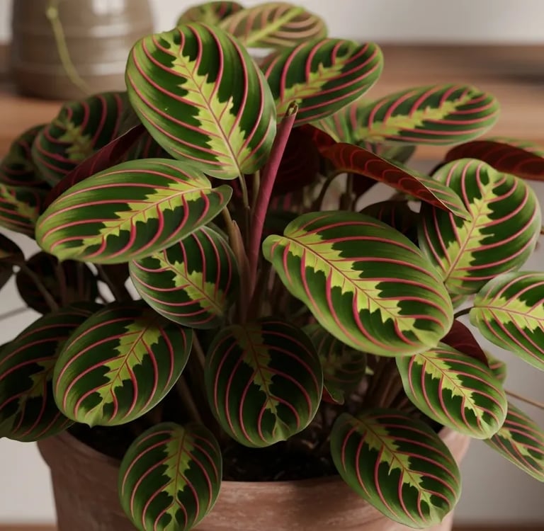 Maranta leuconeura o Planta de la Oración con sus características venas rojas.