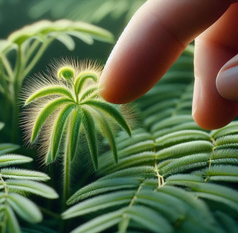Planta Mimosa Pudica cerrando sus hojas al tacto de un dedo.