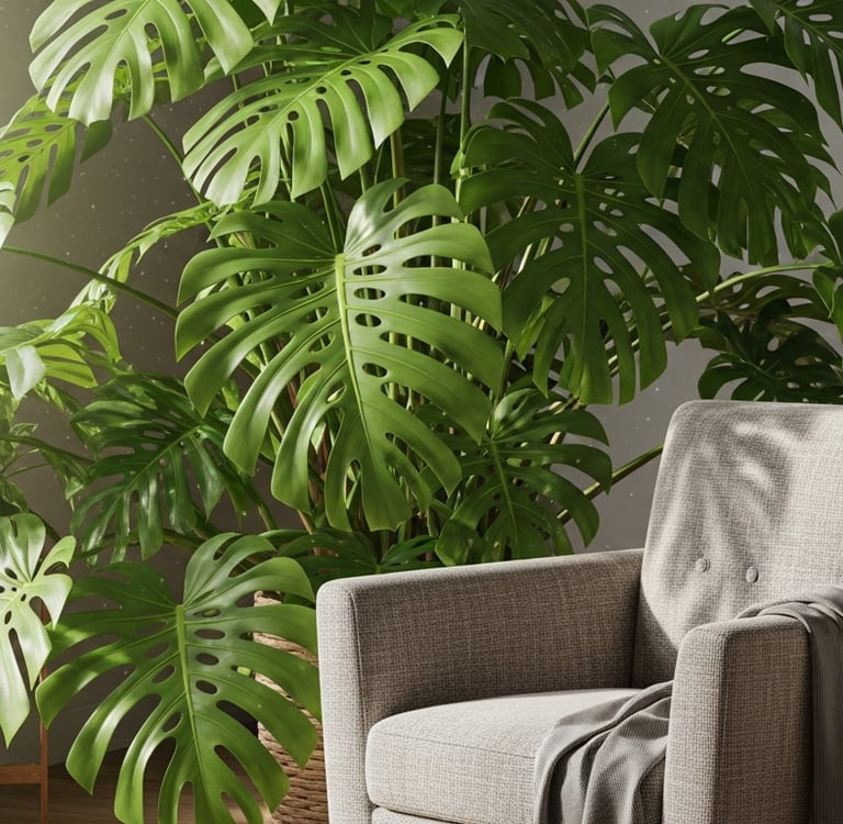 Una gran Monstera Deliciosa junto a un sillón, creando un rincón de lectura con un dosel natural.