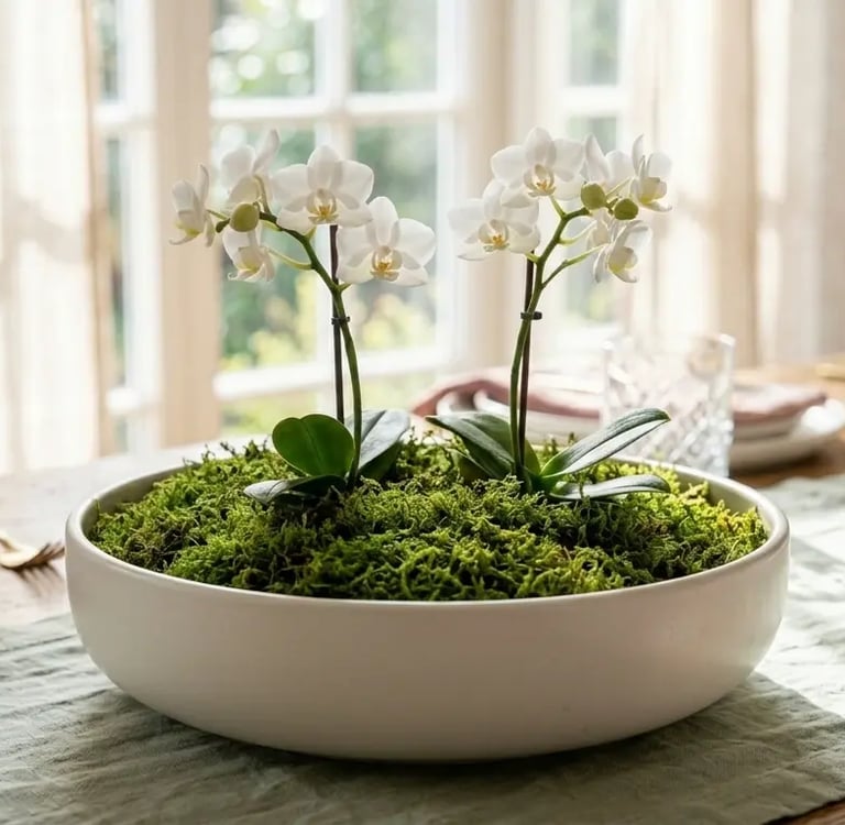 Centro de mesa minimalista con orquídeas blancas y musgo verde
