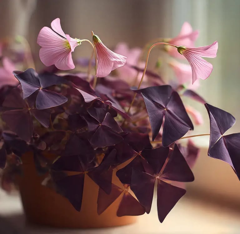 Oxalis Triangularis o Trébol Púrpura con hojas en forma de mariposa morada y flores rosas.