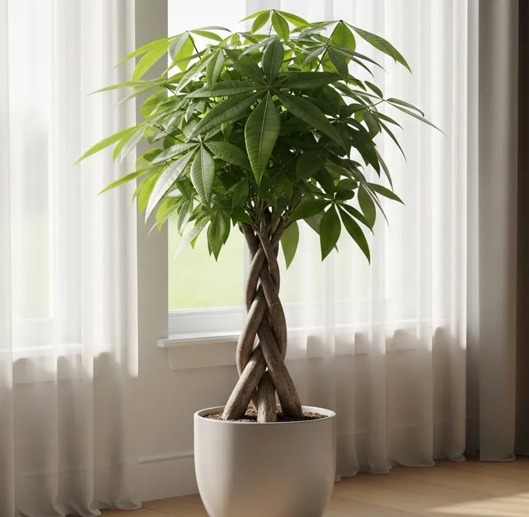 Pachira Aquatica o Árbol del Dinero con tronco trenzado en un salón luminoso.