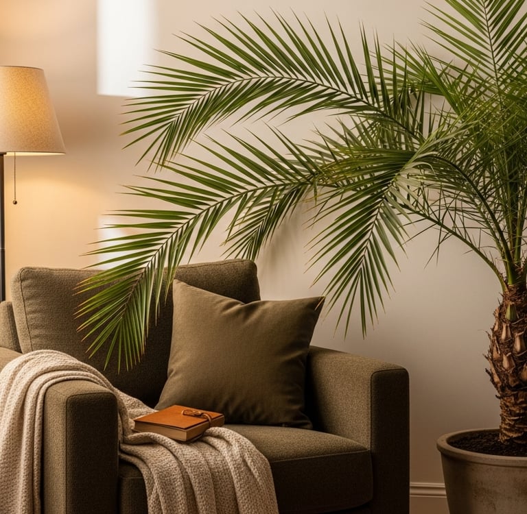 Una palmera alta detrás de un sillón, creando un rincón de refugio y seguridad en un salón.