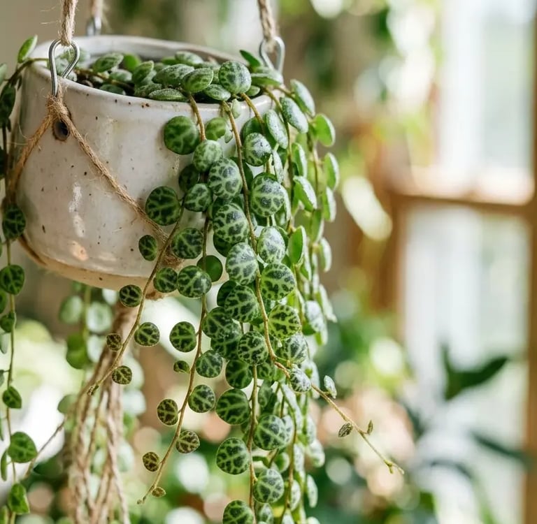 Planta Cadena de Tortugas colgante mostrando el patrón de sus hojas diminutas