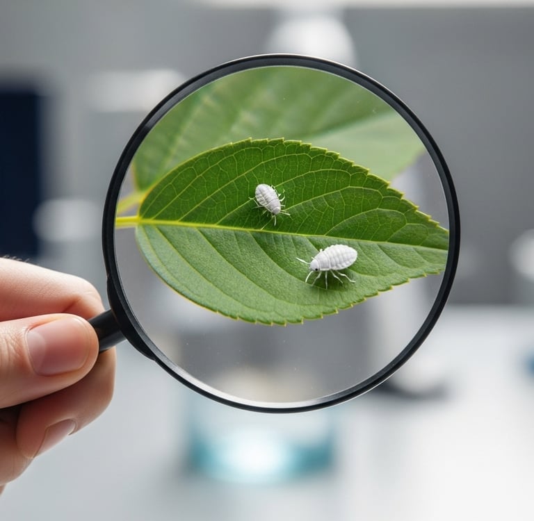 inspeccionando con una lupa una hoja verde en busca de plagas comunes en plantas de interior