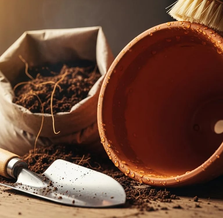 Maceta de barro vacía y limpia lista para una nueva planta.