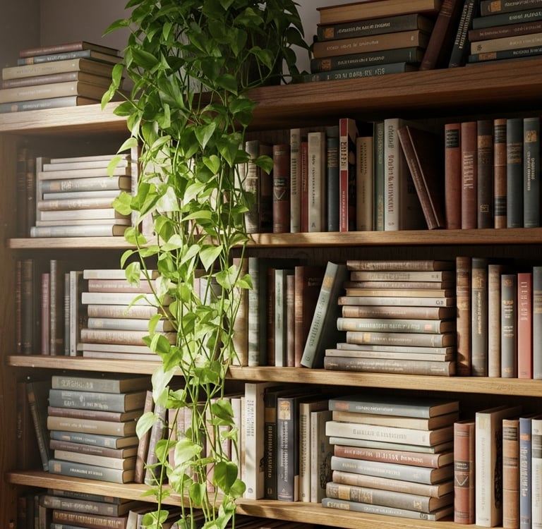 Una planta de Poto colgando en cascada desde una estantería, creando un efecto de cascada verde.