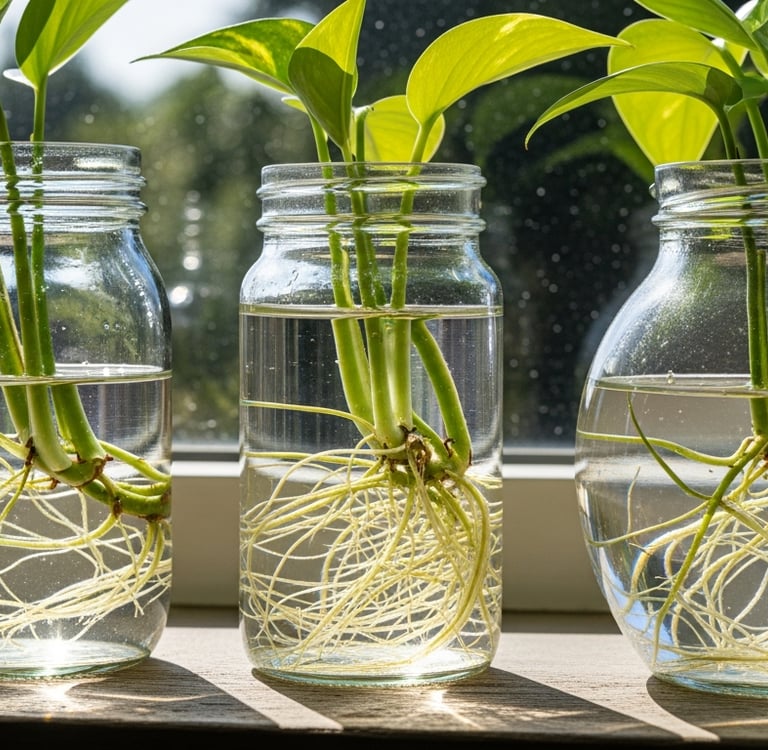 Esquejes de plantas echando raíces en tarros de agua en una ventana.
