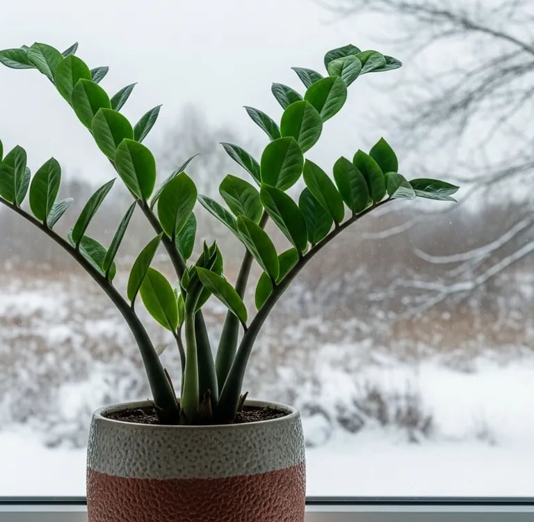 Planta de interior sana en reposo invernal junto a una ventana fría.