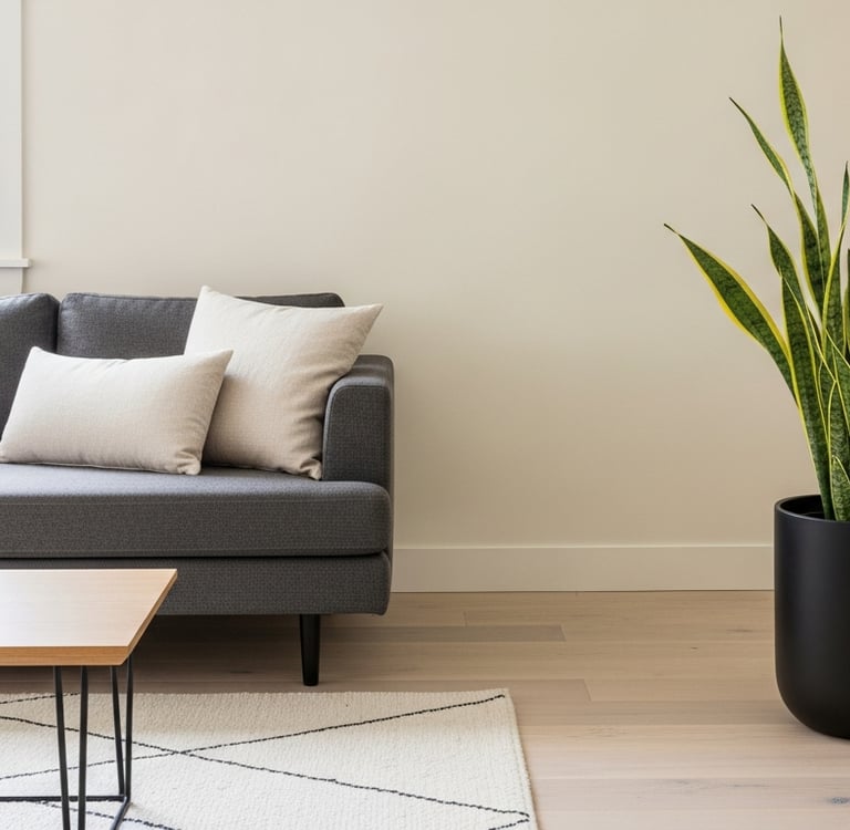 Planta de Sansevieria alta usada como elemento escultural en un salón minimalista.