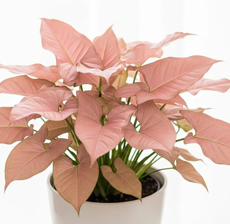Planta Syngonium Neon de color rosa pastel suave.