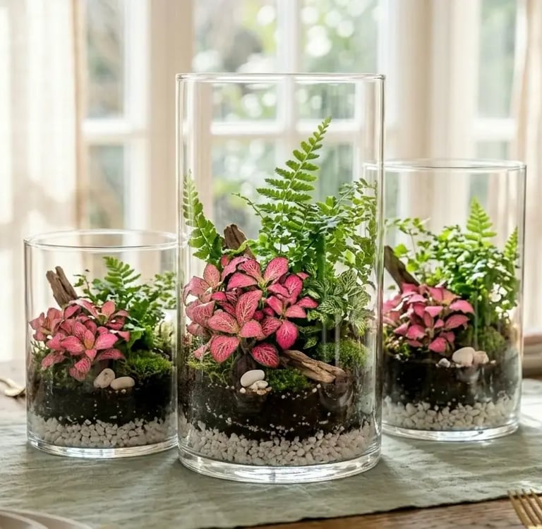 Centro de mesa tropical en terrario de cristal con plantas rosas y verdes