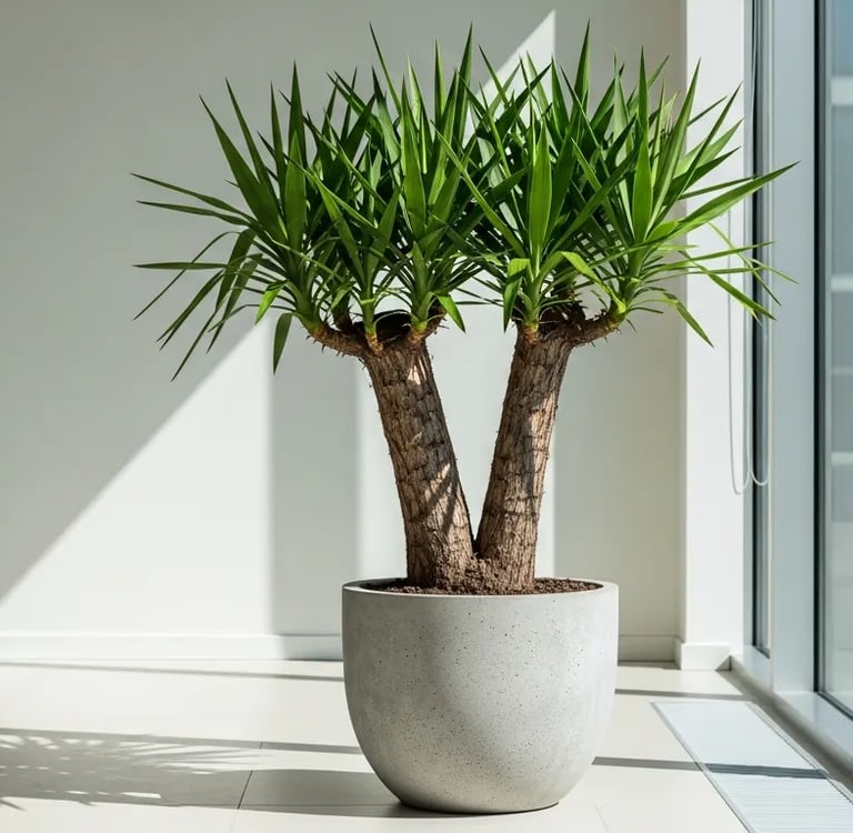 Yuca Pie de Elefante con troncos gruesos y hojas en forma de espada al sol.