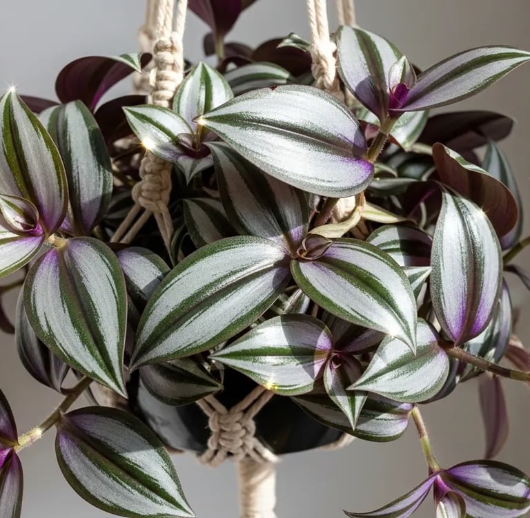 Photorealistic 8K close-up of a lush Tradescantia Zebrina (Wandering Dude) hanging from a macramé pl