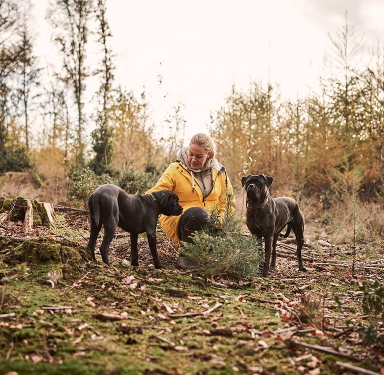 Katja beim Fotoshooting im Wald mit ihren Hunden