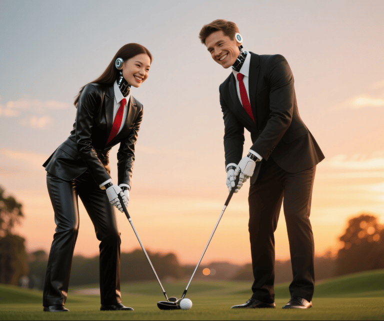 a man and woman playing golf in the sun