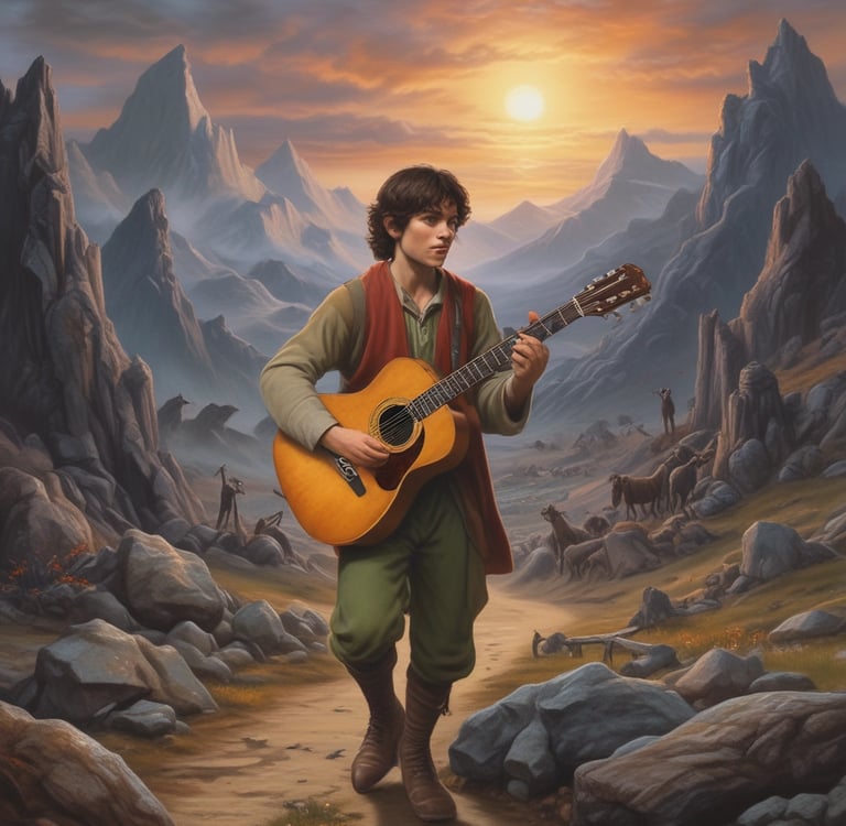 Two guitar headstocks are entangled with cables on a wooden surface. The guitar brands are prominently displayed, with tuning pegs and strings visible. The setup suggests a focus on instruments and possibly musical performance.