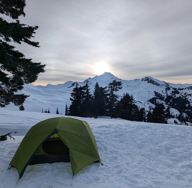 NEMO Dagger 3p tent set up for winter backpacking in the snow with a mountain sunset background.