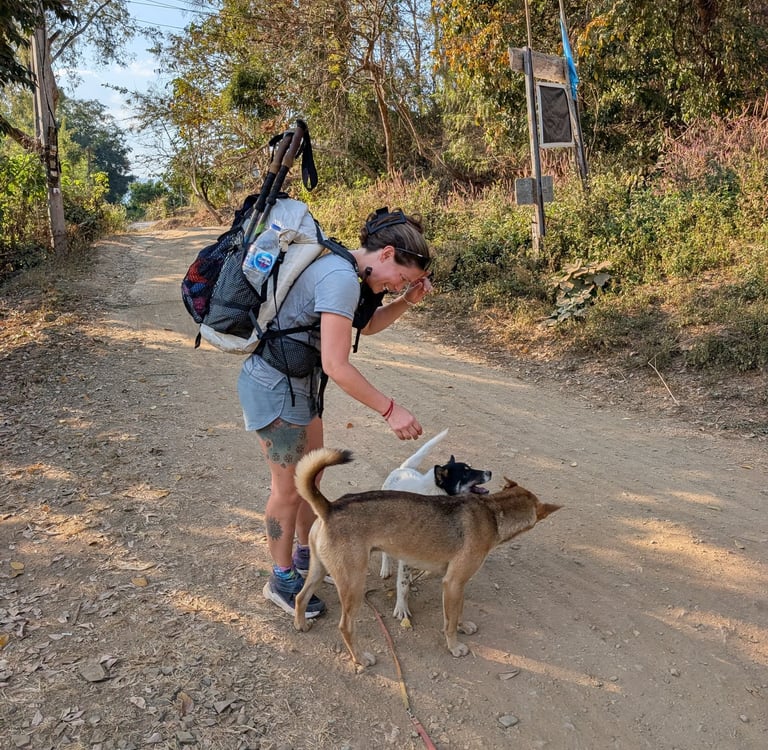 A female hiker with a Hyperlite backpack petting two dogs on a sunny dirt road in Norther Thailand..