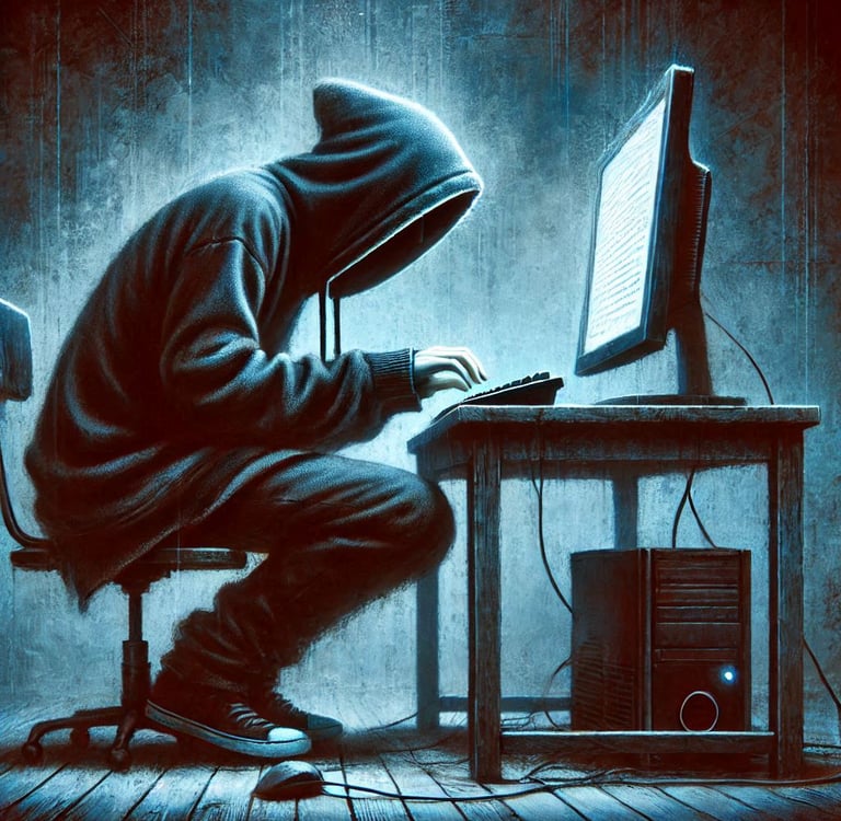 Uma pessoa de casaco e capuz, com rosto encoberto, digita em um computador em uma sala sombria.