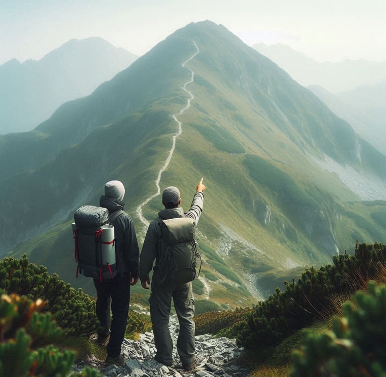 two people standing on a mountain top one guiding the way to the other