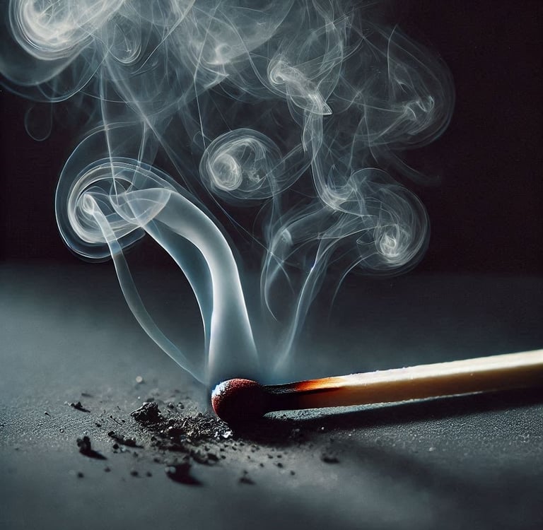 Ein frisch erloschenes, ausgebranntes Streichholz, Rauch steigt auf, dunkler Hintergrund.