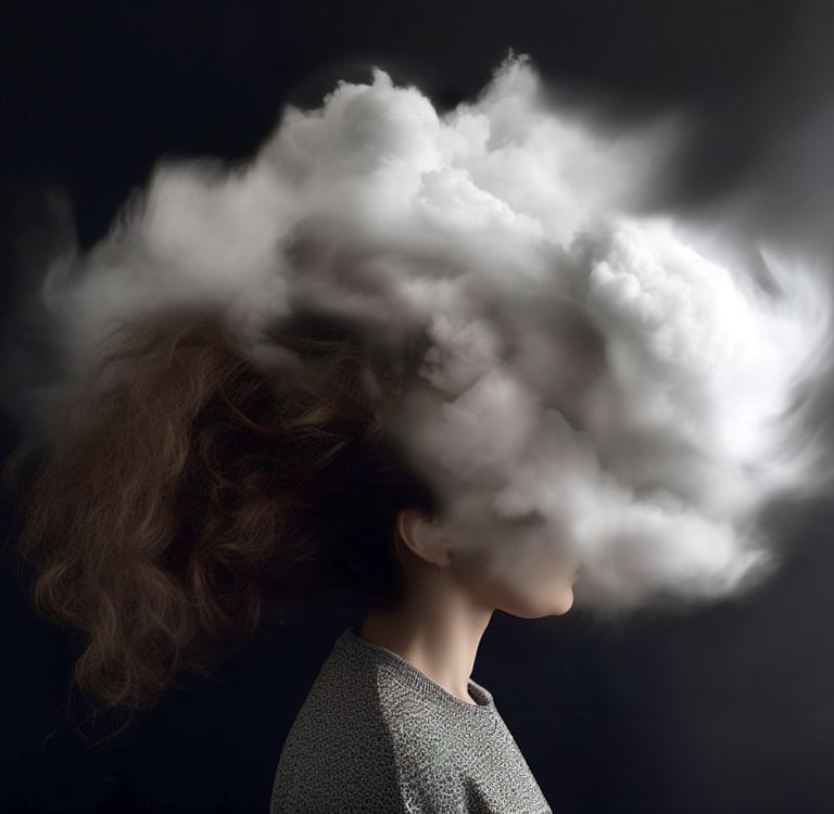 Eine Frau von der Seite um ihren Kopf ist eine dichte dunkle Wolke