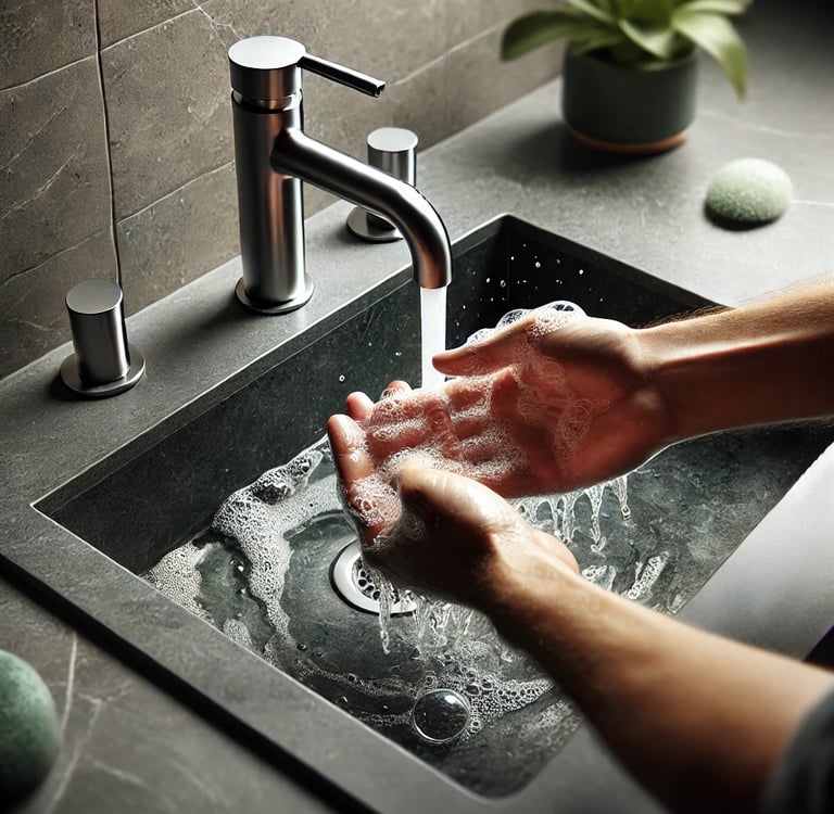 Eine Person wäscht Hände am Waschbecken.