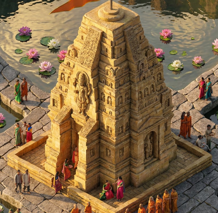 3D AI-assisted artwork of an ancient Shikhara-style Vishnu temple with a saffron flag.
