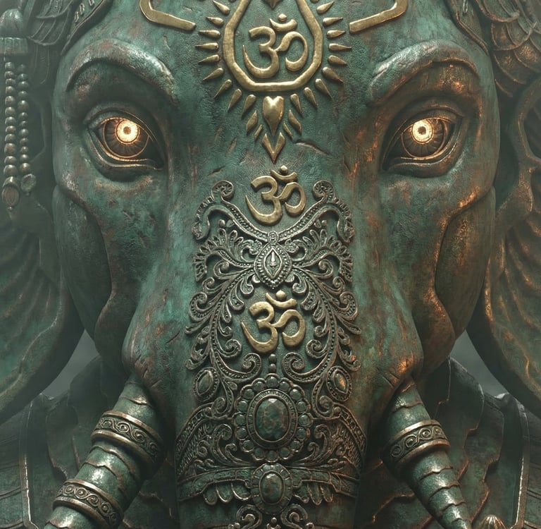 Hyper-realistic 3D AI-assisted artwork of a colossal metallic Ganesha statue.