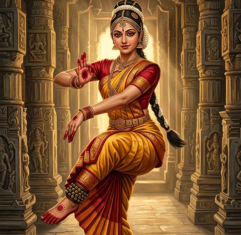 AI-assisted fine art painting of a Bharatnatyam dancer in a red and gold saree. 