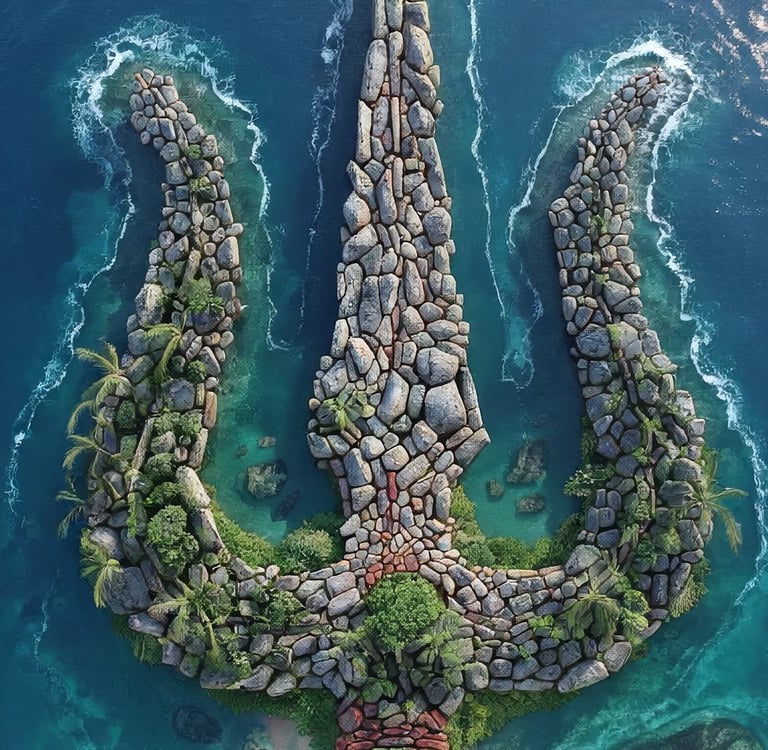 Cinematic aerial view AI-assisted digital art painting of a conceptual tropical island.