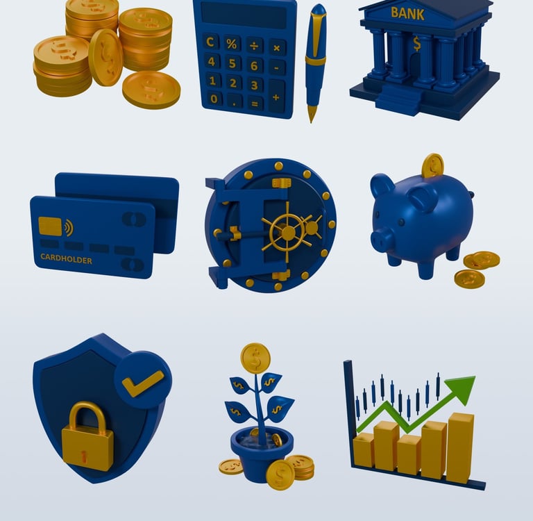 3D banking and finance icons in a blue and gold style. 