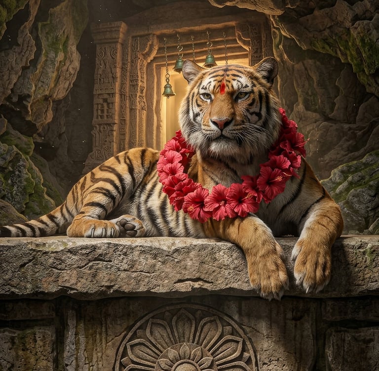 A photorealistic 3D render of a majestic Bengal tiger, the Vahana of Mata Sherawali (Goddess Durga),