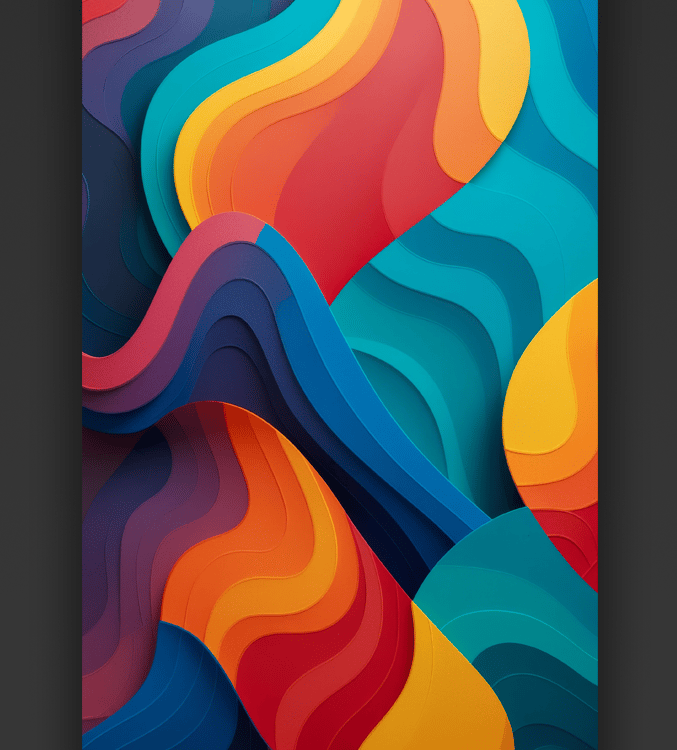Vibrant 3D abstract paper cut art with colorful wavy layers in blue, orange, and red.