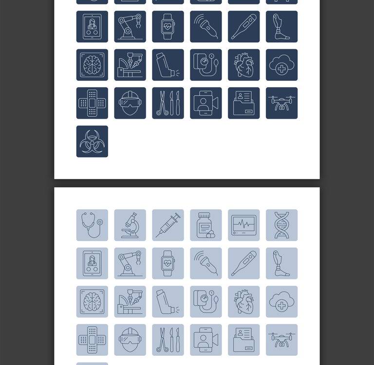 Minimalist MedTech and digital healthcare vector icons in light and dark themes