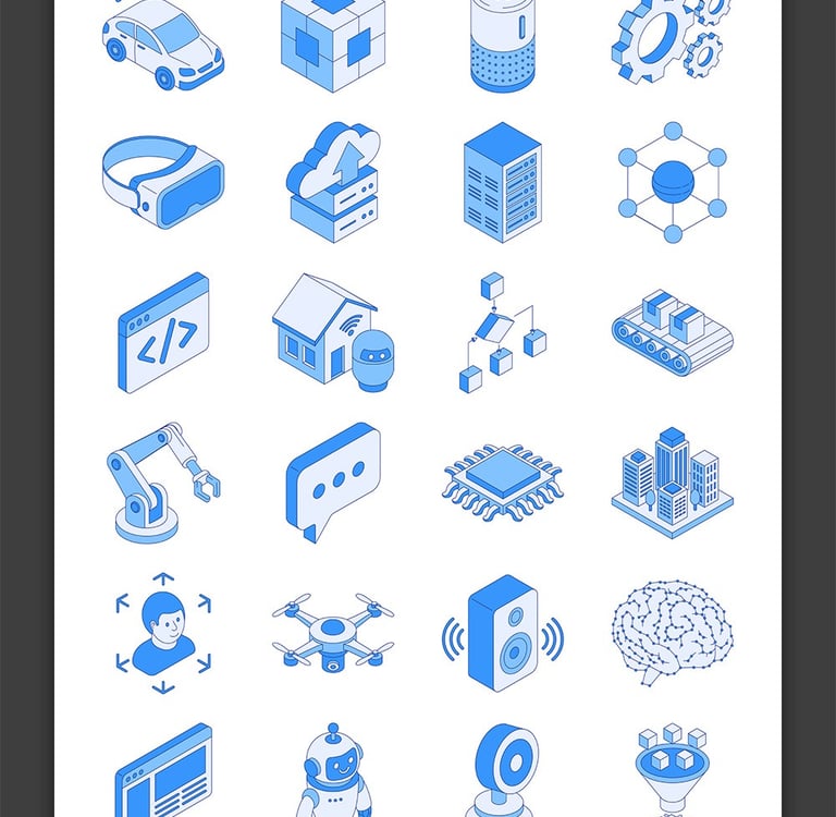 Isometric icons representing artificial intelligence and robotic automation
