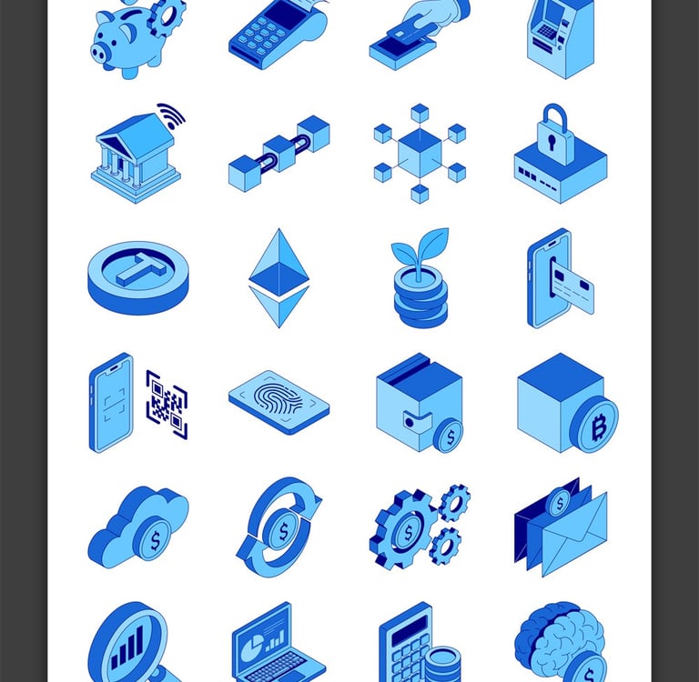 Isometric fintech and cryptocurrency icons in a blue gradient style
