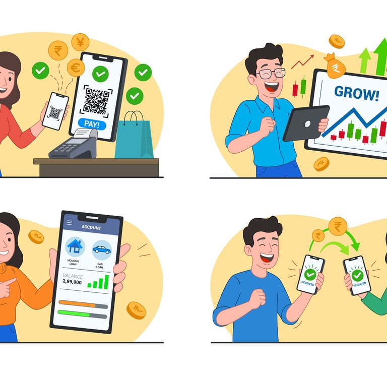 Four flat vector spot illustrations for FinTech UI/UX, featuring characters