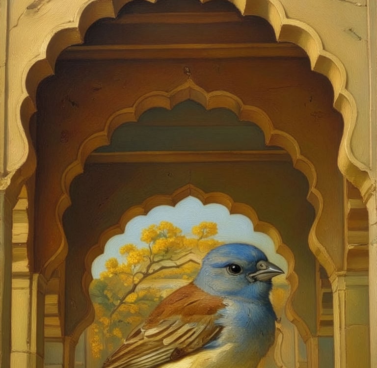 A highly detailed AI-assisted oil painting of a vibrant male Blue Sparrow on a golden pedestal