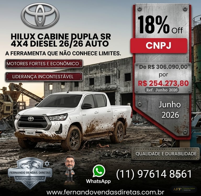 White Toyota Hilux double cab 4x4 pickup truck on muddy terrain with promotional price and CNPJ discount.