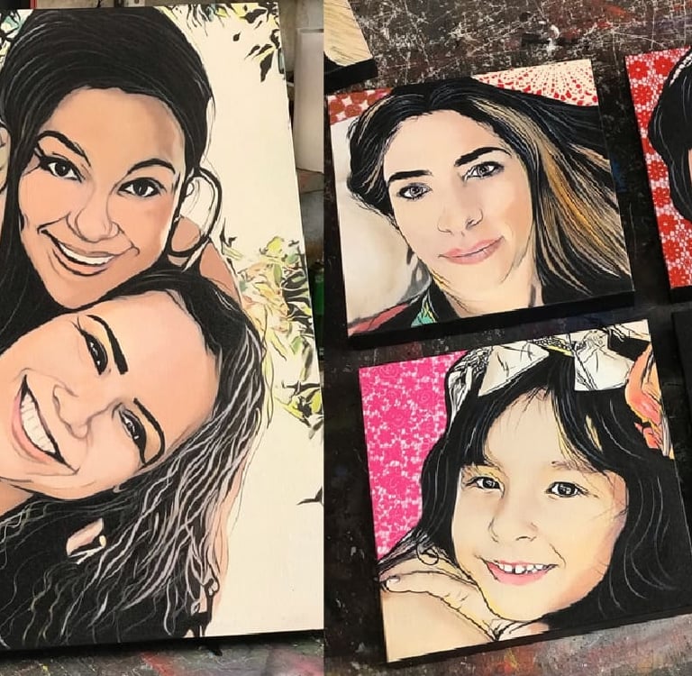Quadro pop-art de pai e filho em tons brilhantes e estilo único