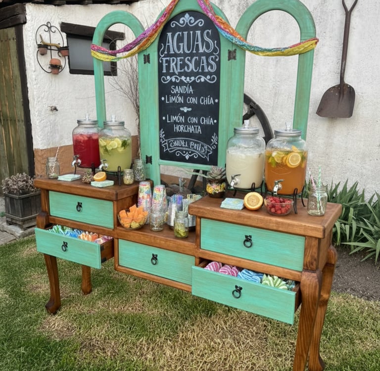 Rustic Aguas Frescas bar with drink dispensers and colorful Papel Picado decorations at an outdoor party.