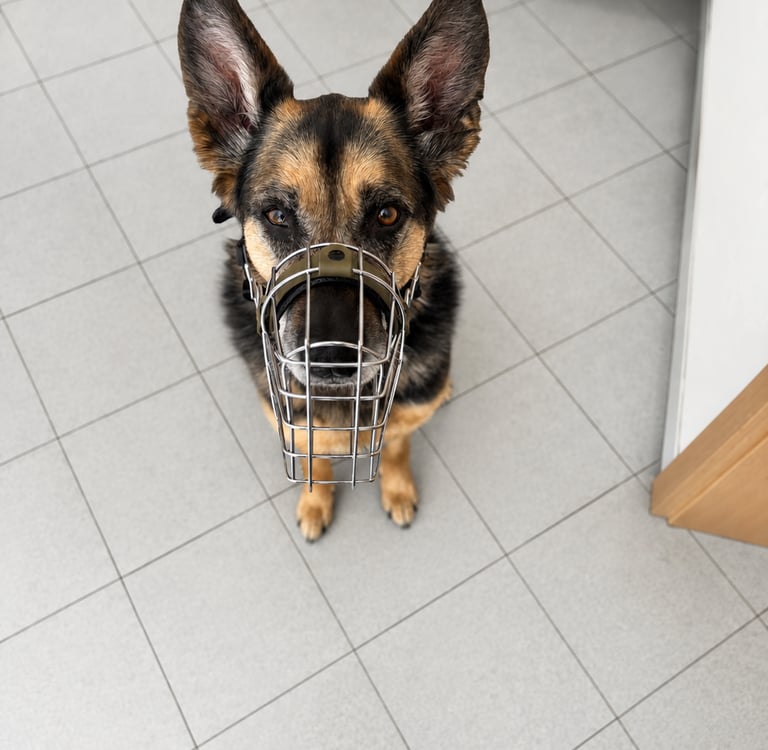 Schäferhund-Mix mit Maulkorb