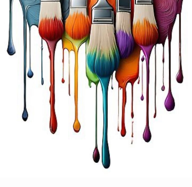 Colorful paintbrushes with dripping rainbow paint on white background,symbolizing creativity and art