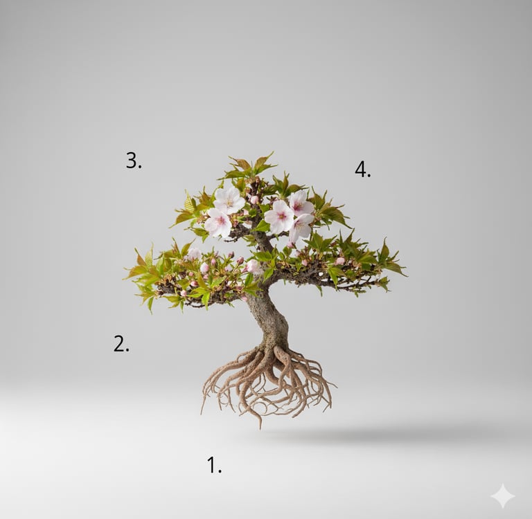 Infográfico botânico explicando as 4 fases da Estratégia de Narrativa de Marcas